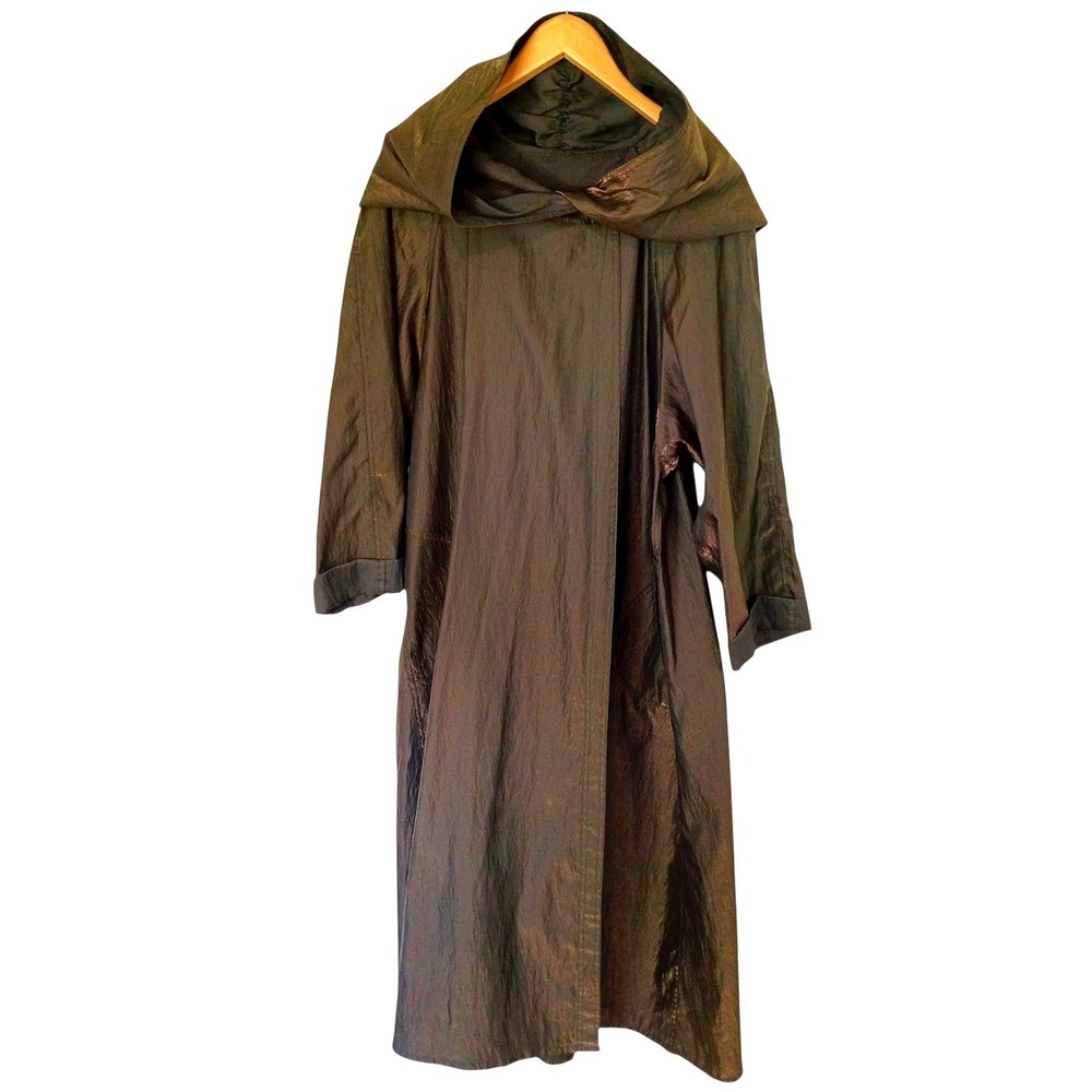 Vintage Metallic Bronze Hooded Duster Coat Oversized Crinkle Texture Outerwear L